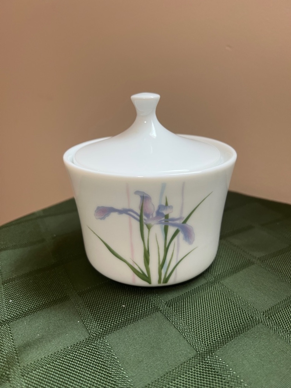 Corning White Lidded Sugar Bowl with Purple Iris Motif